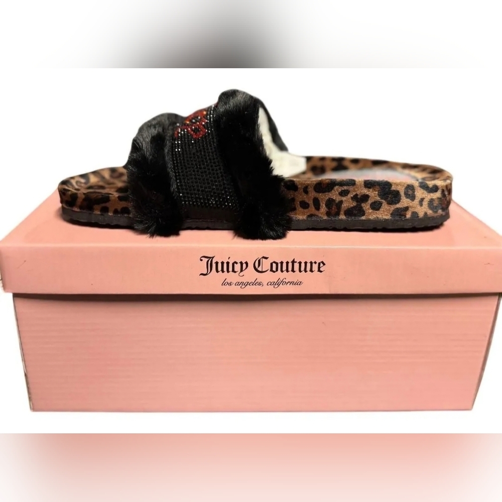 Juicy Animal Faux Fur Print Bling Logo Sandal Slide NWT - Picture 6 of 6